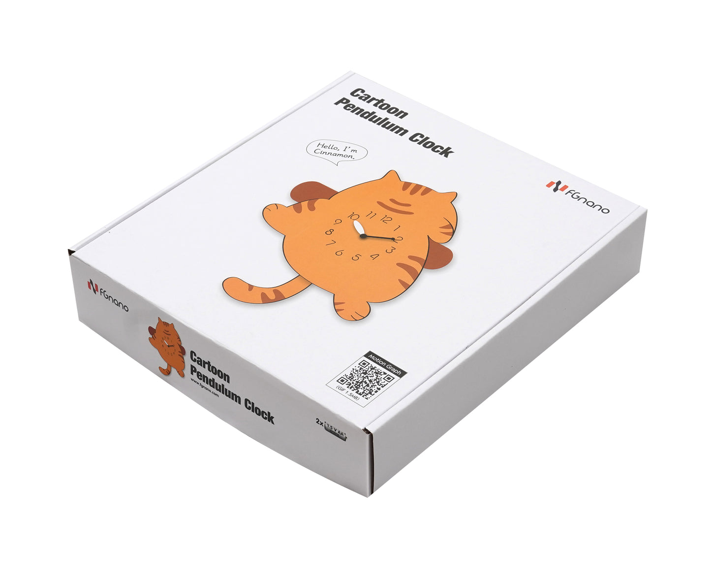 "Cinnamon" -Adorable Cartoon Style Cat Shaped Pendulum Wall Clock, Mixed Brown, MDF, 12.4'x9.6'x1.8', White Colored Gift Box