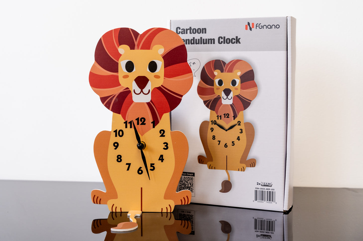 "Leo" - Adorable Lion Shaped Pendulum Wall Clock, Cartoon Style, Earthy Yellow with Colorful Rainbow Mix, MDF, 14'x6.2'x1.8', Color Box