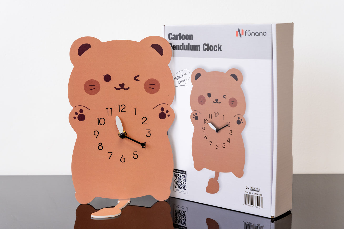 "Cocoa" - Charming Brown Bear Shaped Pendulum Wall Clock, Cartoon Style, Warm Brown, MDF, 11.6'x9'x1.8', White Gift Box