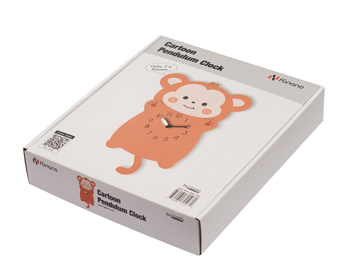 "Banana"- Adorable Little Monkey Shaped Pendulum Clock, Cartoon Style, Light Brown, MDF, 13.7'x8'x1.8', White Gift Box