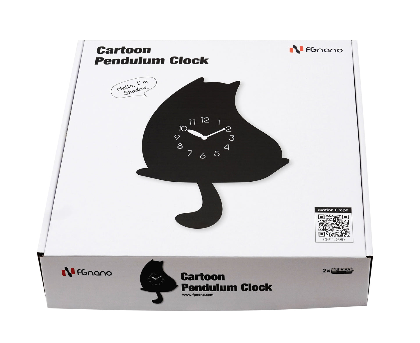 "Shadow" - Adorable Cartoon Style Cat Shaped Pendulum Wall Clock, Black, MDF, 13.4'x9.2'x1.8', White Gift Box