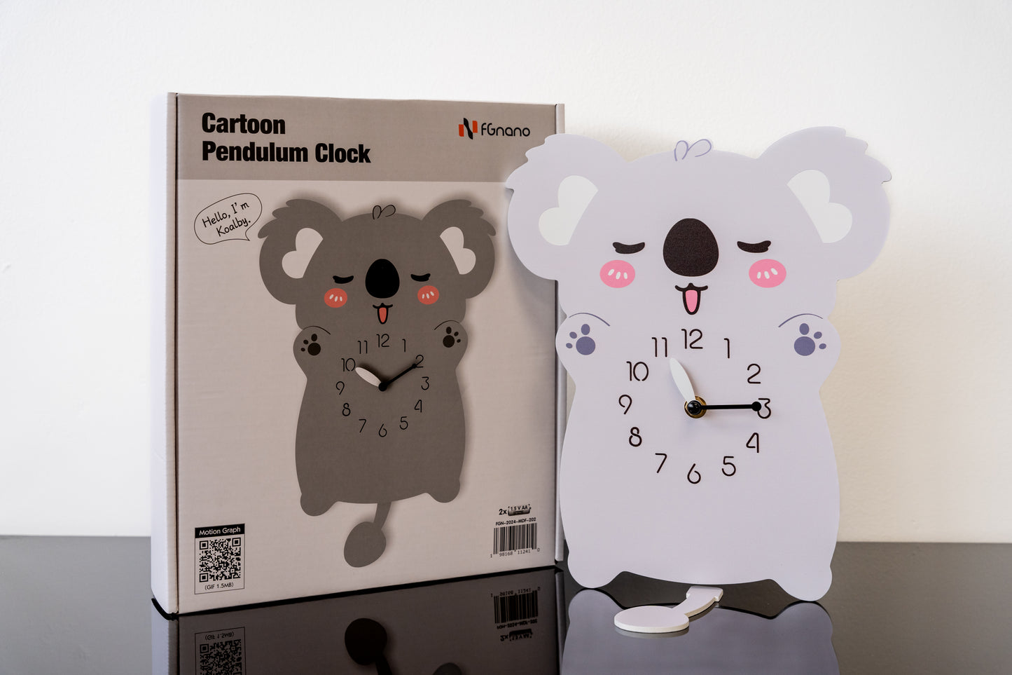 "Koalby" - Adorable Koala Shaped Pendulum Wall Clock, Cartoon Style, Warm Light-Grey, MDF, 9.4'x13.4'x1.8', Clock Box