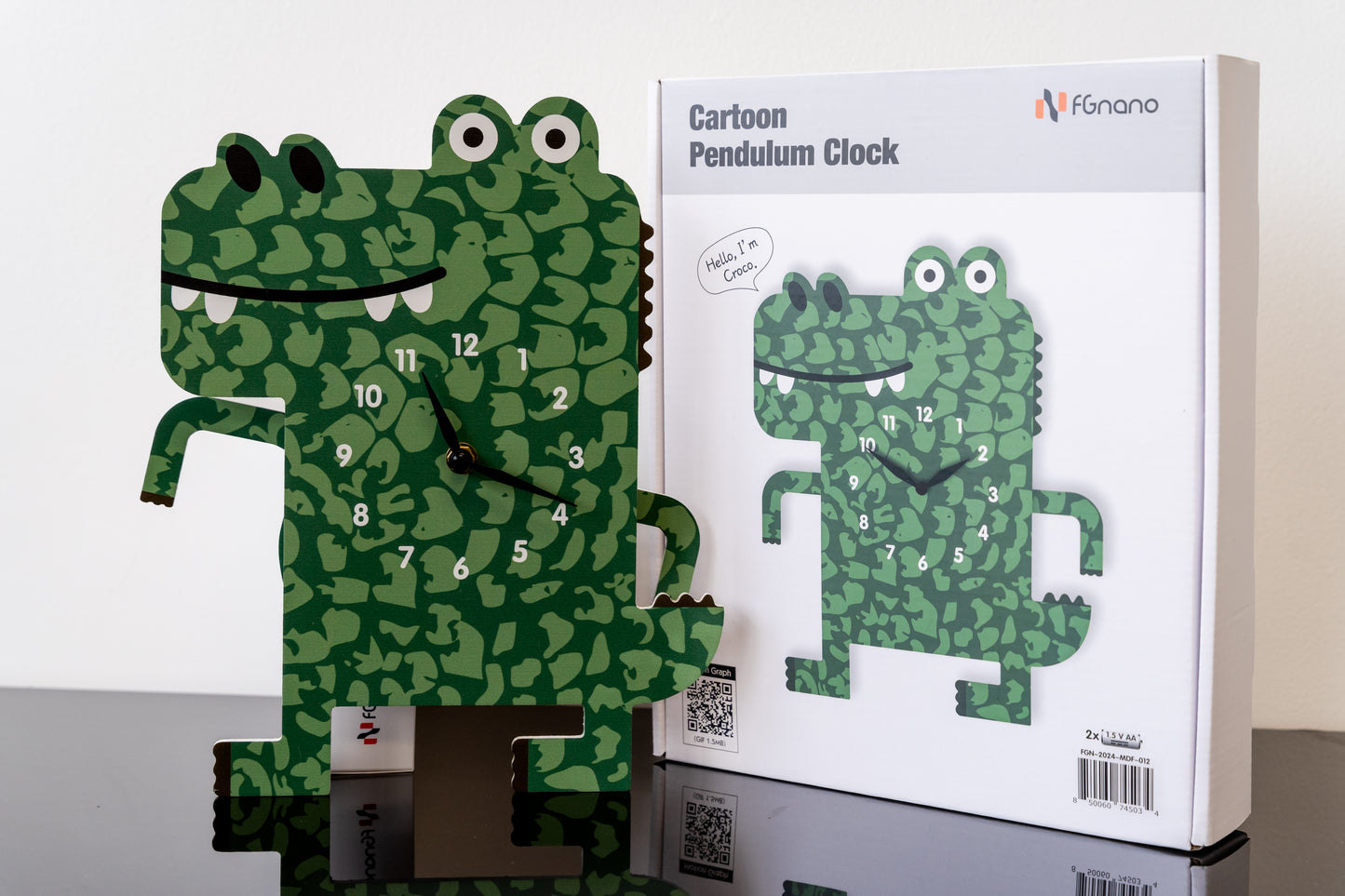 "Croco" -Playful Crocodile Shaped Pendulum Wall Clock, Cartoon Style, MDF, 10.2'x12'x1.8', Color Box