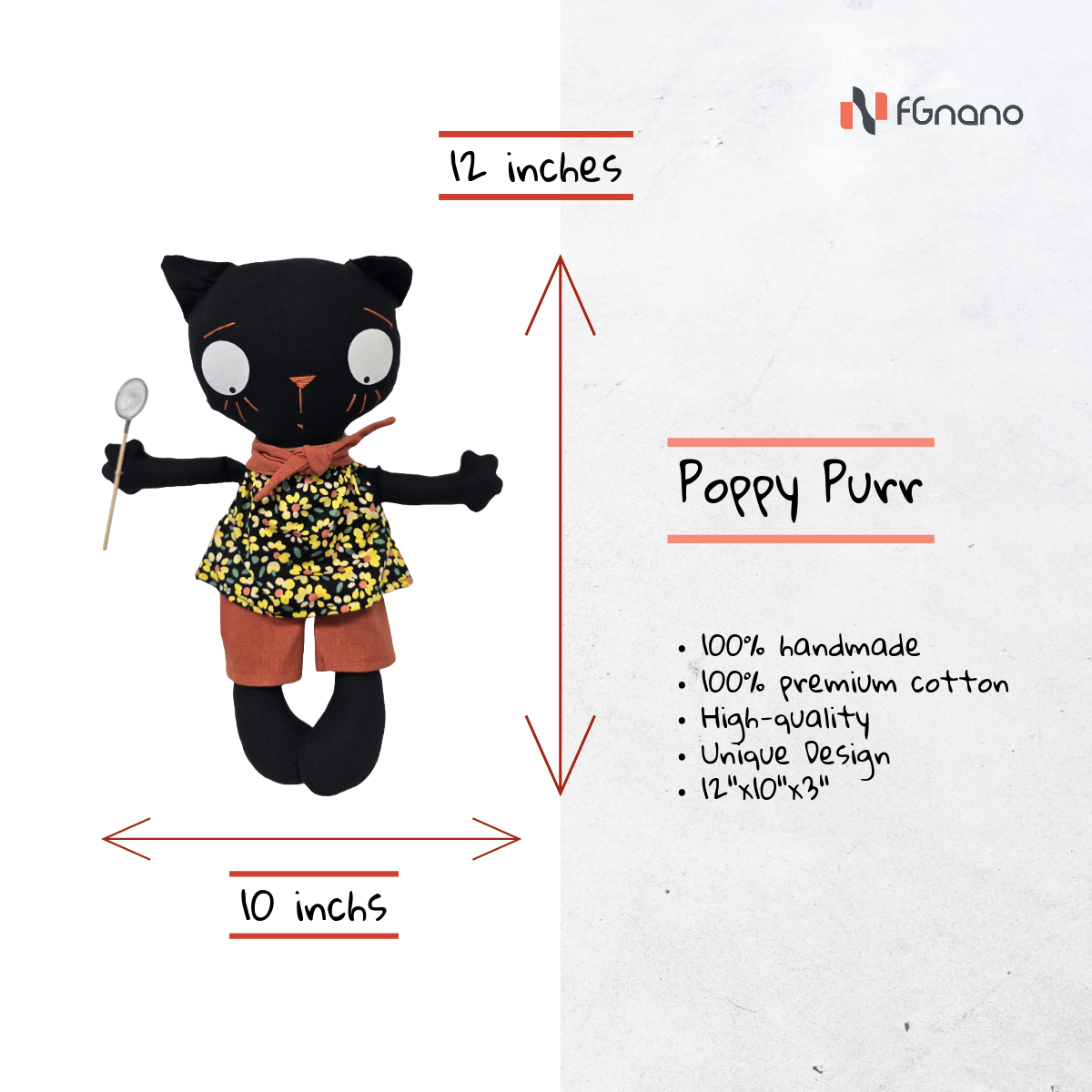 Poppy Purr - Premium Handmade Black-Cat Doll (12"x10"x3") - Exquisite Handmade from Luxe Fabrics, Doll, fun and playful