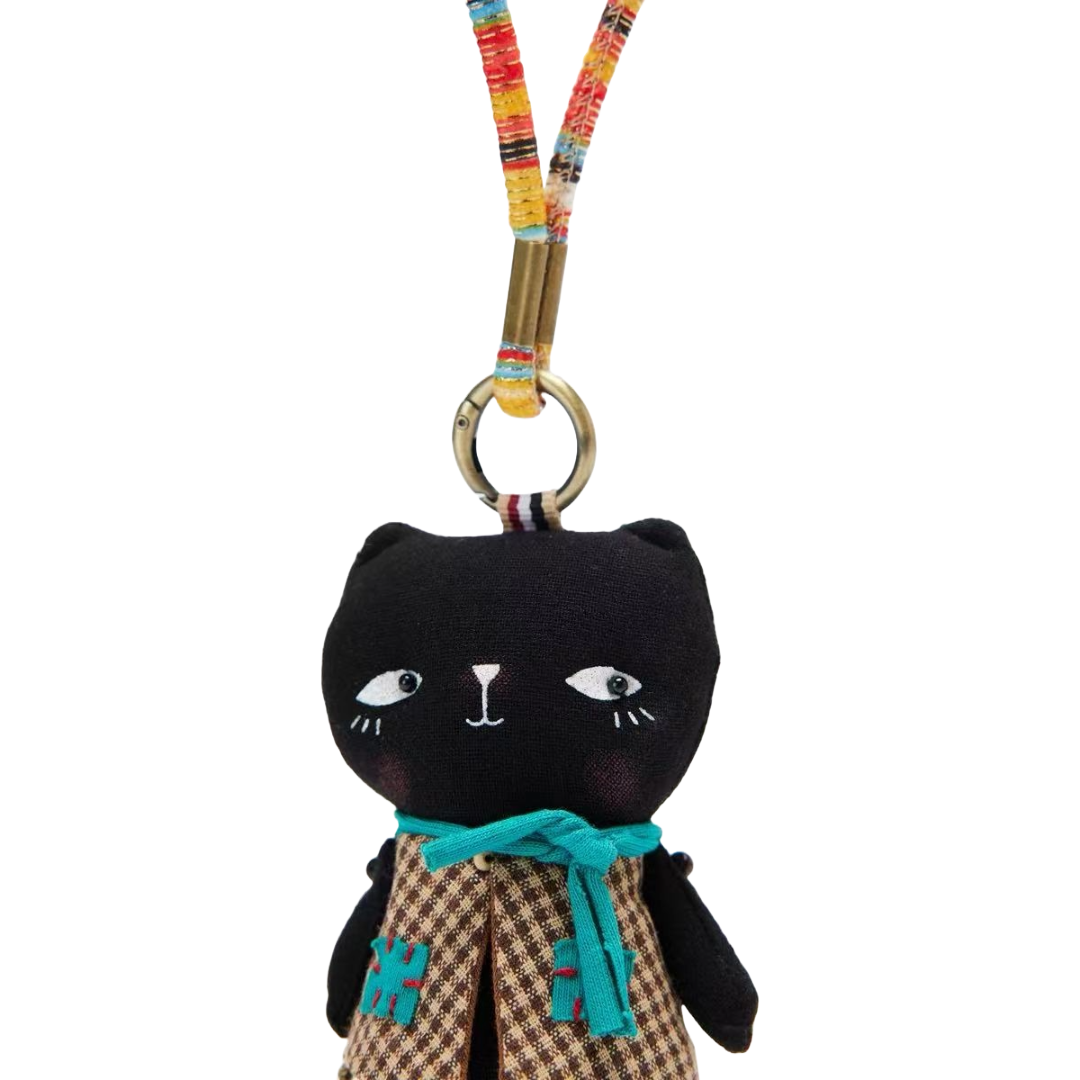 "Shadow Paws" – Exquisite Handmade Black Cat Doll with Teal Scarf & Checkered Vest, 100% Premium Cotton, 4.75" Mini Companion with Colorful Hanging Loop, Bag Charm, Unique Gift for fashion & Collectors