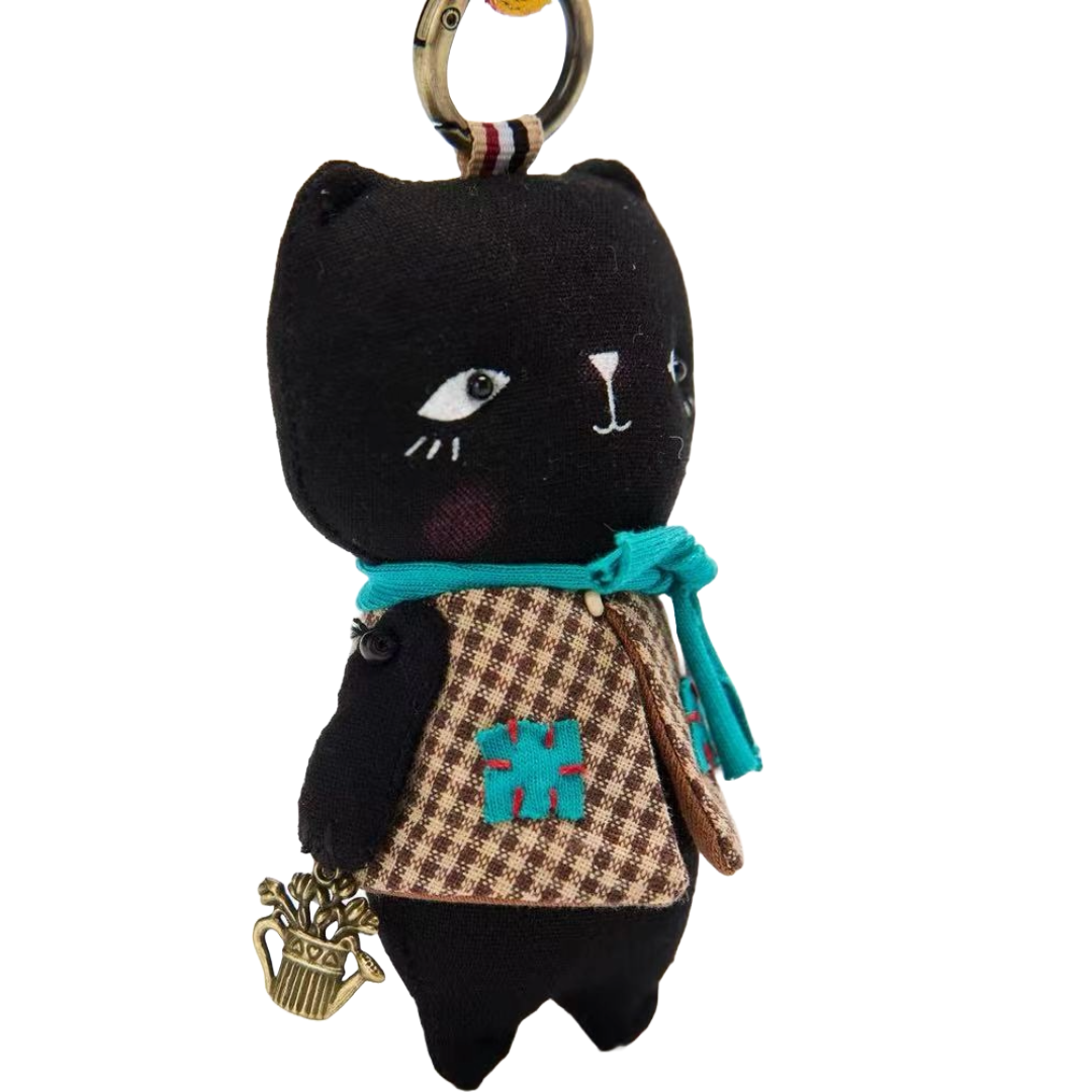 "Shadow Paws" – Exquisite Handmade Black Cat Doll with Teal Scarf & Checkered Vest, 100% Premium Cotton, 4.75" Mini Companion with Colorful Hanging Loop, Bag Charm, Unique Gift for fashion & Collectors