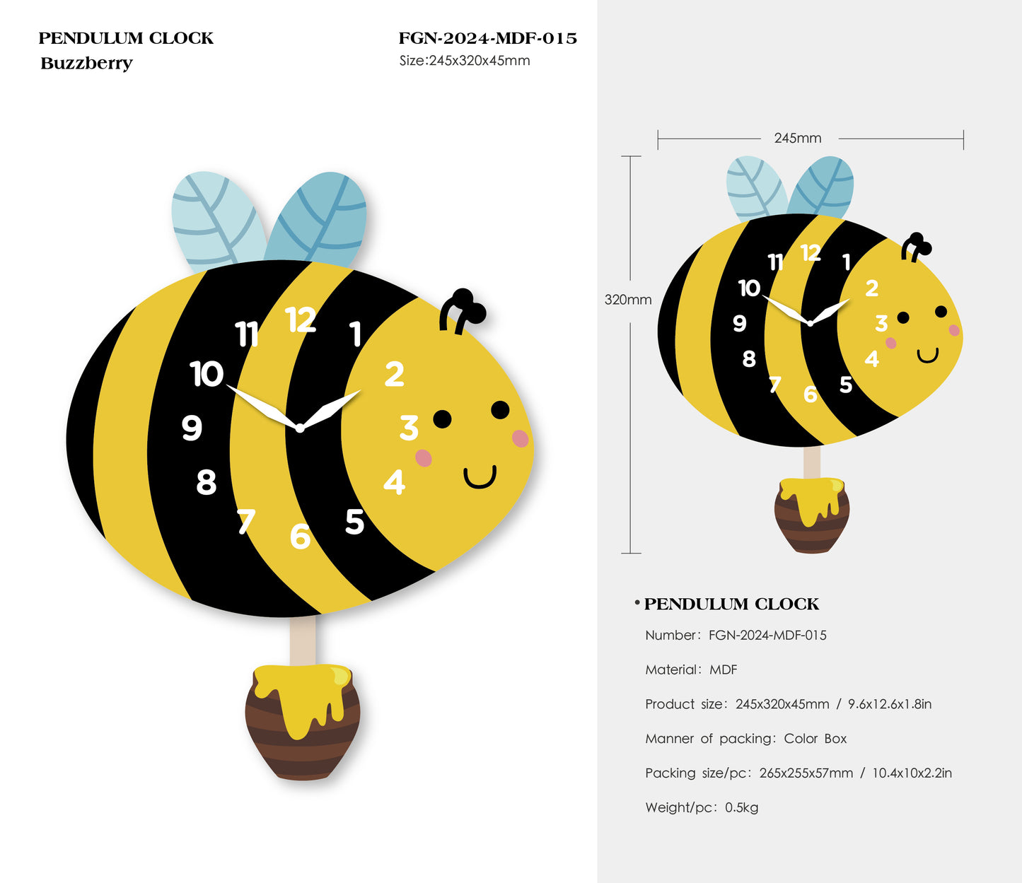 "Buzzberry" - Delightful Bumblebee Pendulum Wall Clock, Cartoon Style, Yellow/Black, MDF, Matt Finish, 9.6'x12.6'x1.8', White Gift Box