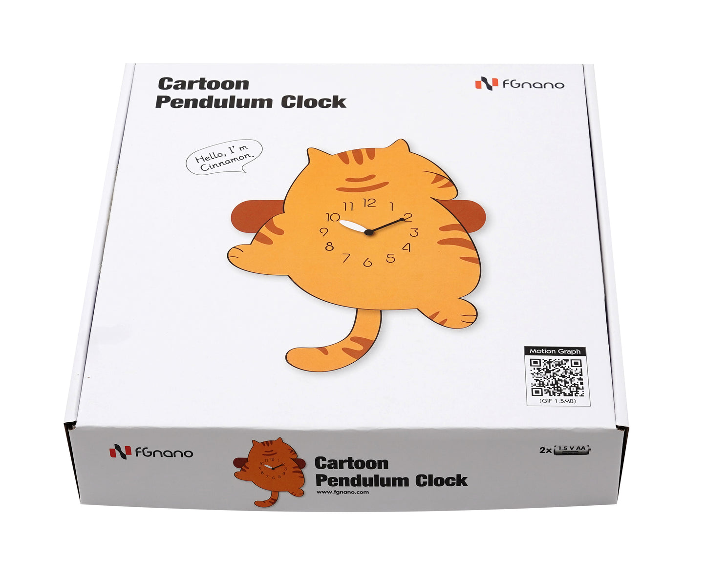 "Cinnamon" -Adorable Cartoon Style Cat Shaped Pendulum Wall Clock, Mixed Brown, MDF, 12.4'x9.6'x1.8', White Colored Gift Box