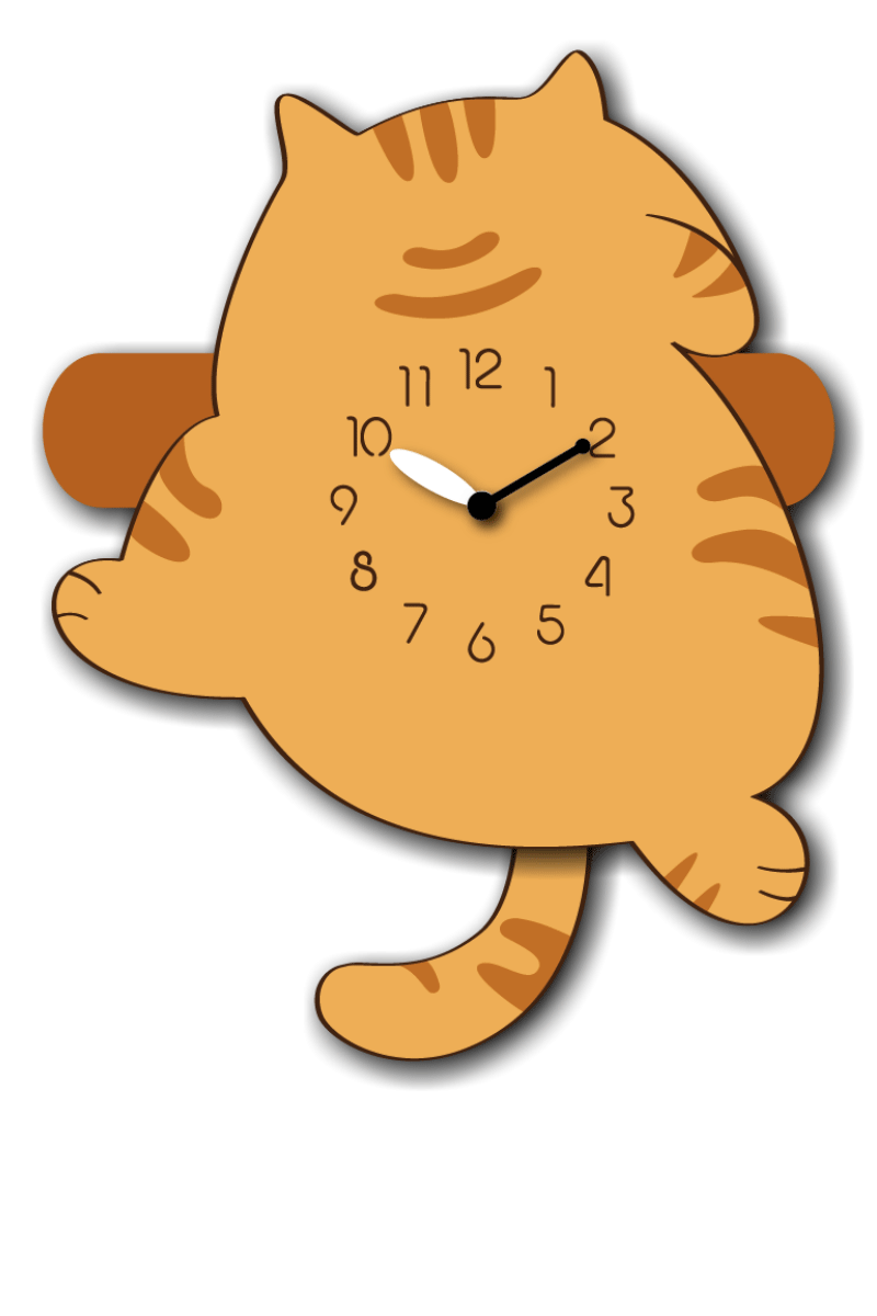 "Cinnamon" -Adorable Cartoon Style Cat Shaped Pendulum Wall Clock, Mixed Brown, MDF, 12.4'x9.6'x1.8', White Colored Gift Box