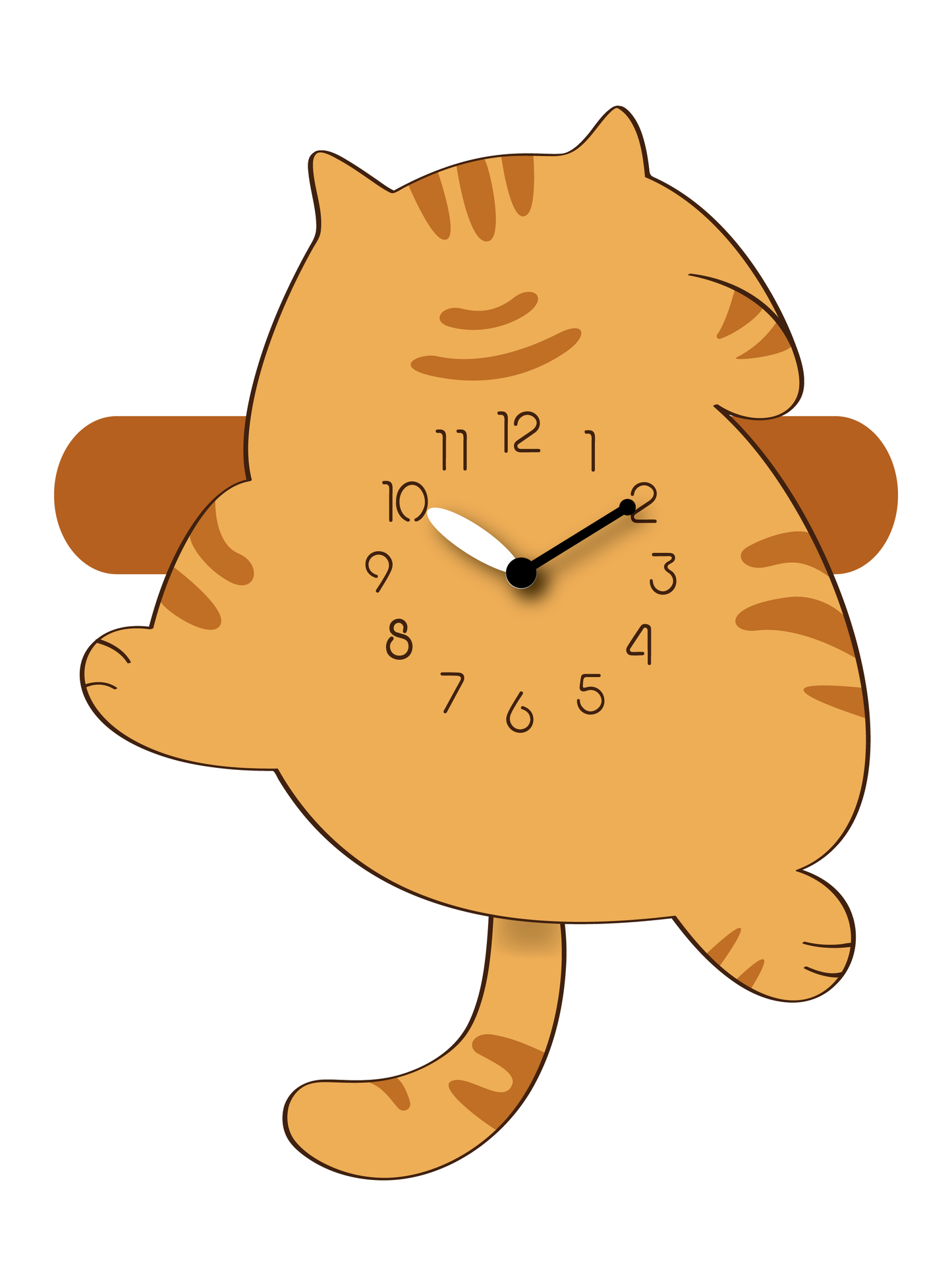 "Cinnamon" -Adorable Cartoon Style Cat Shaped Pendulum Wall Clock, Mixed Brown, MDF, 12.4'x9.6'x1.8', White Colored Gift Box