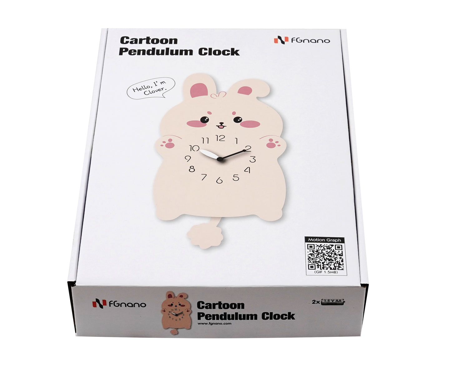 "Clover" - Cute Rabbit Shaped Pendulum Wall Clock, Cartoon Style, MDF, 13.6'x6.9'x1.8', White Gift Box