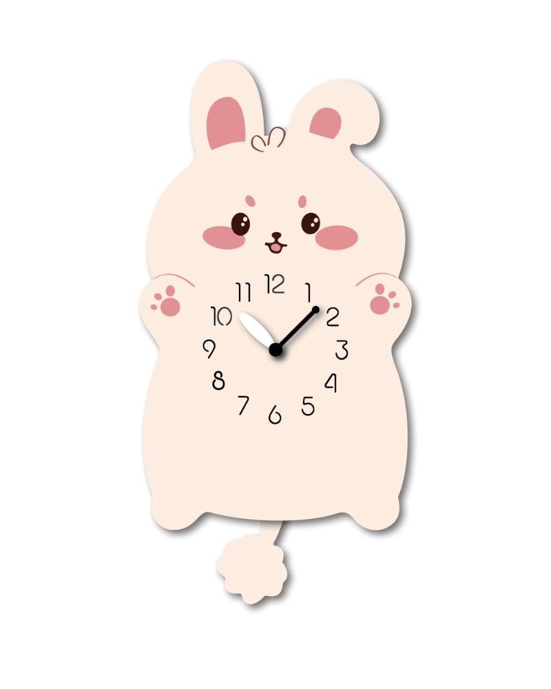 "Clover" - Cute Rabbit Shaped Pendulum Wall Clock, Cartoon Style, MDF, 13.6'x6.9'x1.8', White Gift Box
