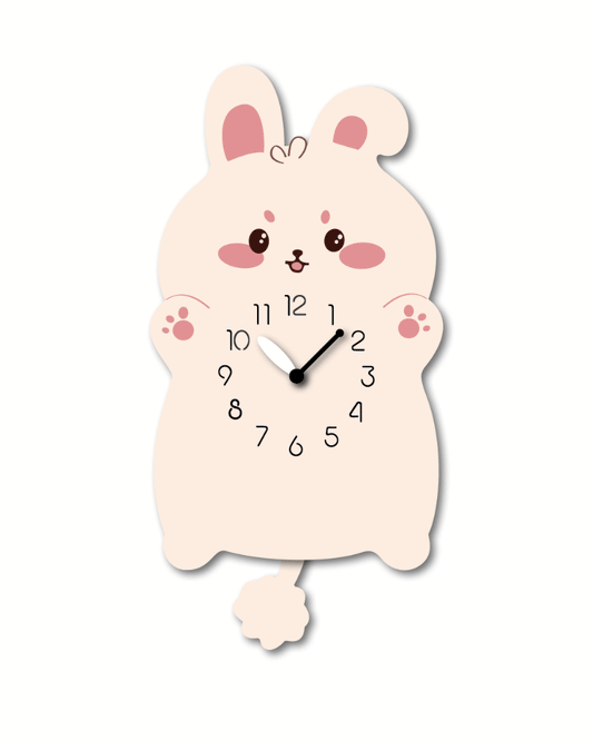 "Clover" - Cute Rabbit Shaped Pendulum Wall Clock, Cartoon Style, MDF, 13.6'x6.9'x1.8', White Gift Box
