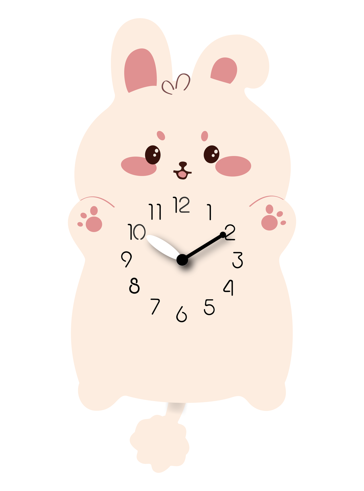 "Clover" - Cute Rabbit Shaped Pendulum Wall Clock, Cartoon Style, MDF, 13.6'x6.9'x1.8', White Gift Box