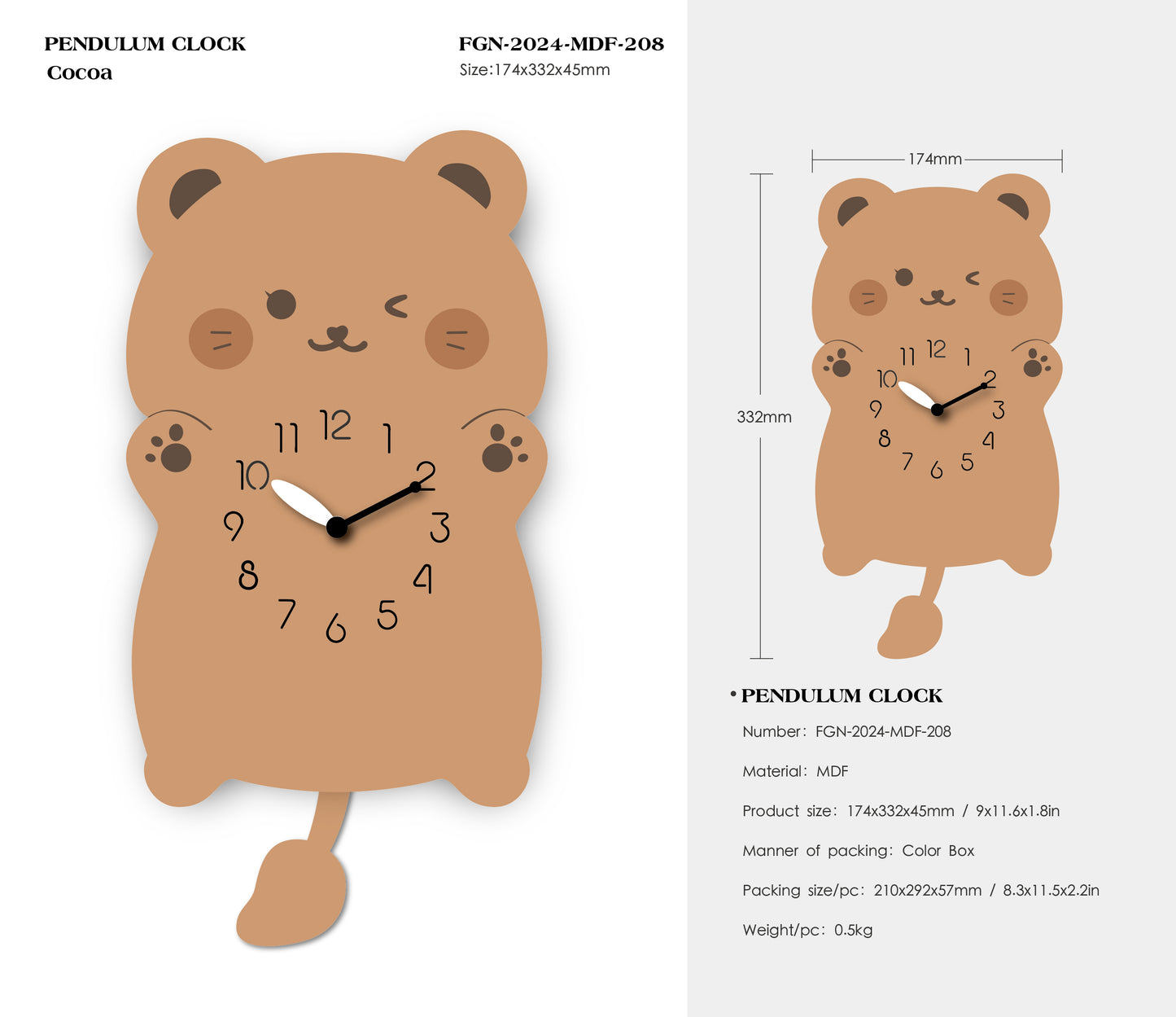 "Cocoa" - Charming Brown Bear Shaped Pendulum Wall Clock, Cartoon Style, Warm Brown, MDF, 11.6'x9'x1.8', White Gift Box