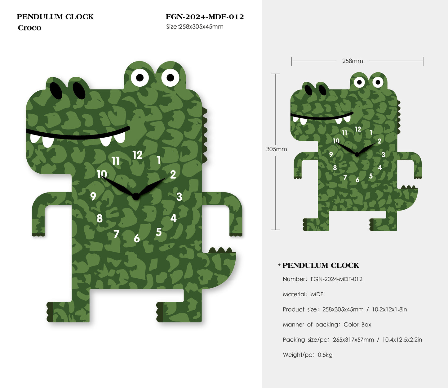 "Croco" -Playful Crocodile Shaped Pendulum Wall Clock, Cartoon Style, MDF, 10.2'x12'x1.8', Color Box