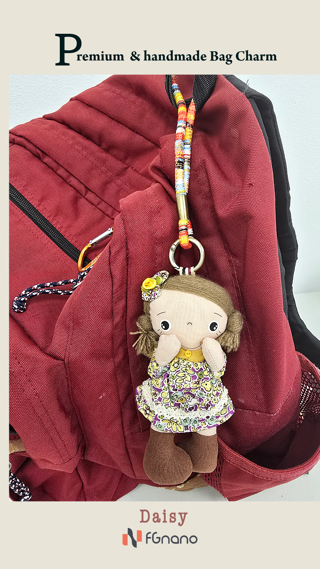 Daisy Handmade Cotton Bag Charm - Cute Girl Key Chain, Stylish Purse & Backpak Pendant & Accessory, Perfect Gift for Women, Girl & Her