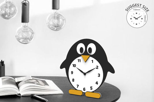 "Beacon" - Adorable Penguin Shaped Cartoon Table Clock, Acrylic, Black, White & Yellow, 5.9"x5.7"x1.4", w/White Gift Box
