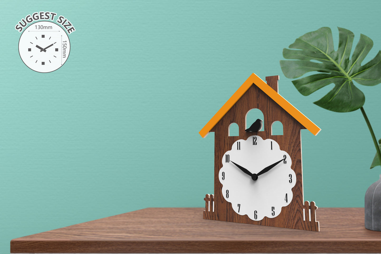 "Midnight" - Charming House Shaped Cartoon Clock, Brown, White and Orange, Acrylic, 5.9"x5.1"x1.4", w/White Gift Box