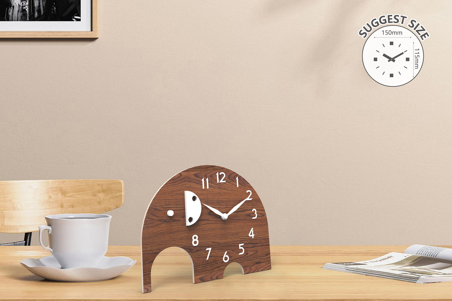"Peanut" Playful Elephant Shaped Cartoon Table Clock, Brown, Acrylic, 5.9"x4.5"x1.4", w/White Gift Box