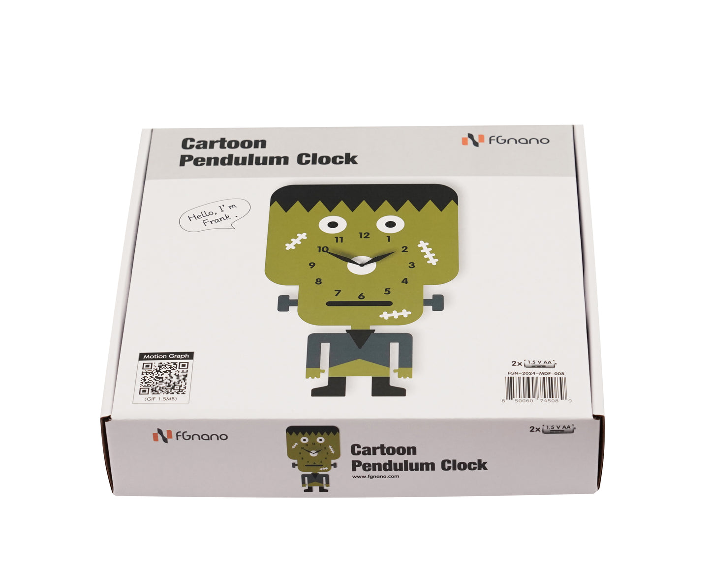"Frank" - Cute Green Frankenstein Pendulum Wall Clock, Cartoon Style, MDF, Matt Finish, 13.8'x8.3'x1.8', White Gift Box