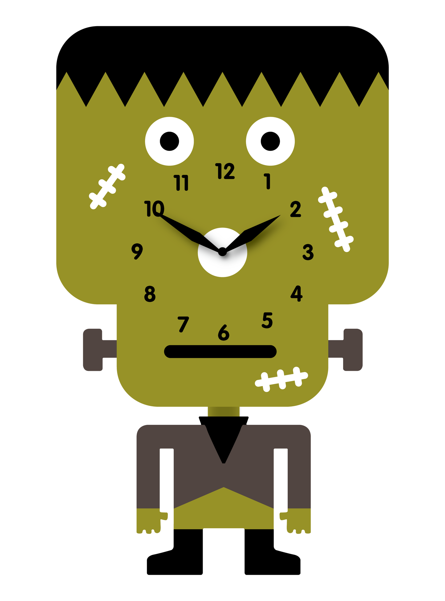 "Frank" - Cute Green Frankenstein Pendulum Wall Clock, Cartoon Style, MDF, Matt Finish, 13.8'x8.3'x1.8', White Gift Box