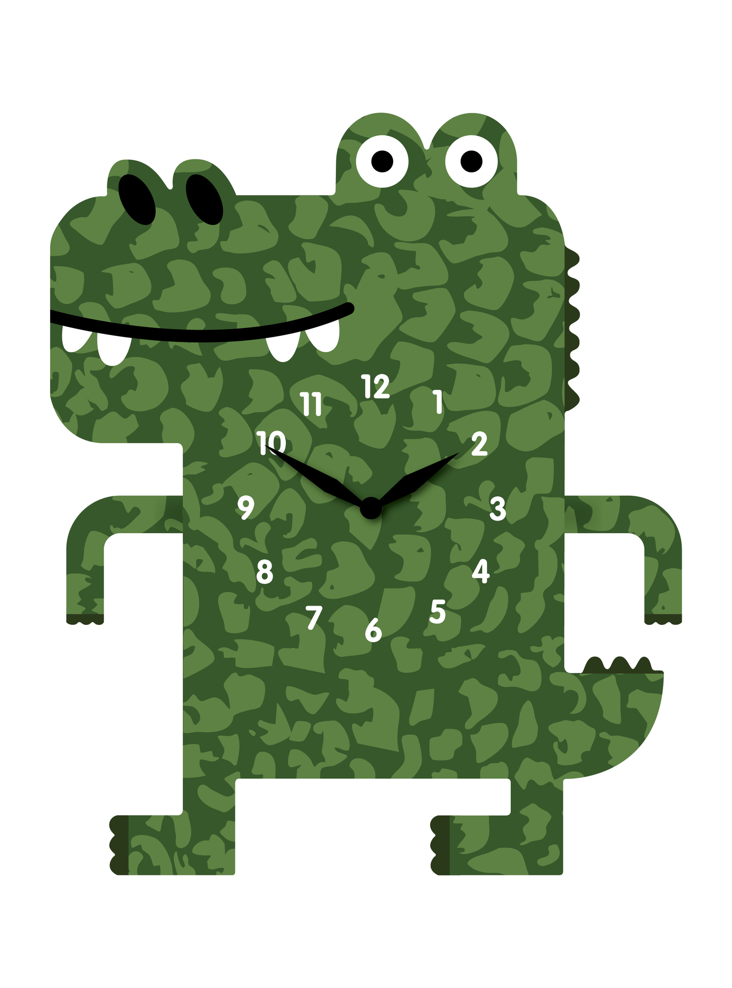 "Croco" -Playful Crocodile Shaped Pendulum Wall Clock, Cartoon Style, MDF, 10.2'x12'x1.8', Color Box