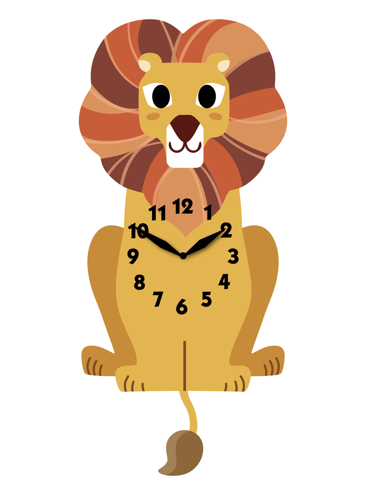 "Leo" - Adorable Lion Shaped Pendulum Wall Clock, Cartoon Style, Earthy Yellow with Colorful Rainbow Mix, MDF, 14'x6.2'x1.8', Color Box
