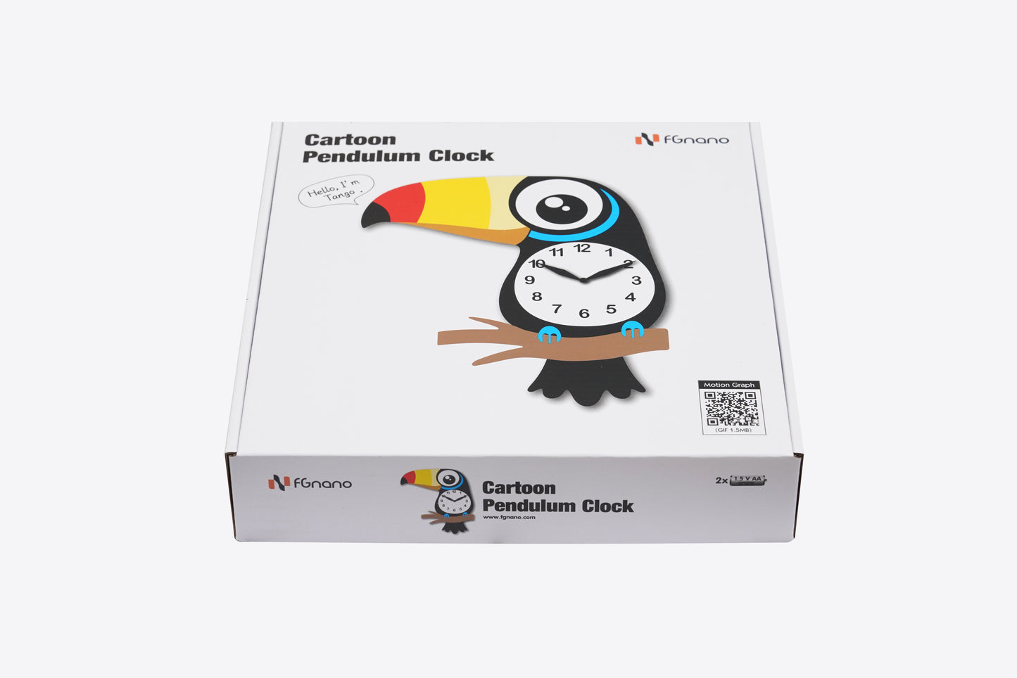 "Tango" - Vibrant Cartoon Style Toucan Pendulum Wall Clock, Colorful, MDF, 12.6'x9.8'x1.8', Elegant White Gift Box