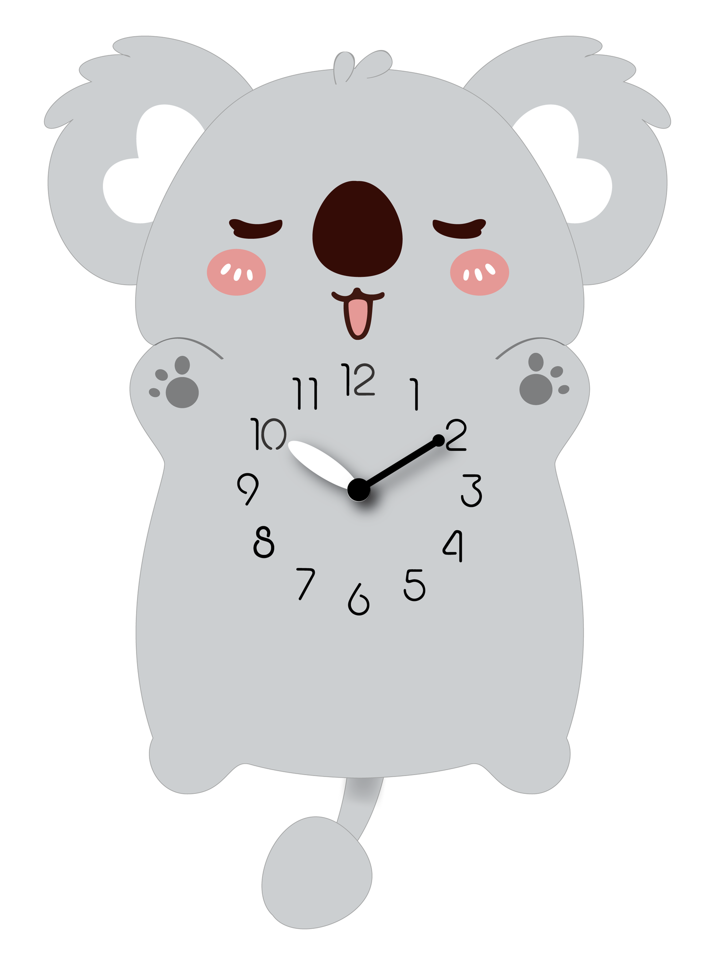 "Koalby" - Adorable Koala Shaped Pendulum Wall Clock, Cartoon Style, Warm Light-Grey, MDF, 9.4'x13.4'x1.8', Clock Box
