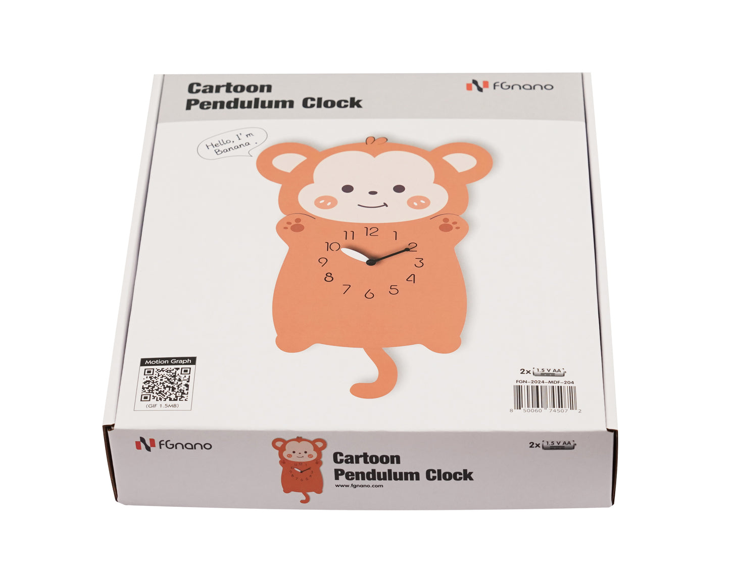 "Banana"- Adorable Little Monkey Shaped Pendulum Clock, Cartoon Style, Light Brown, MDF, 13.7'x8'x1.8', White Gift Box