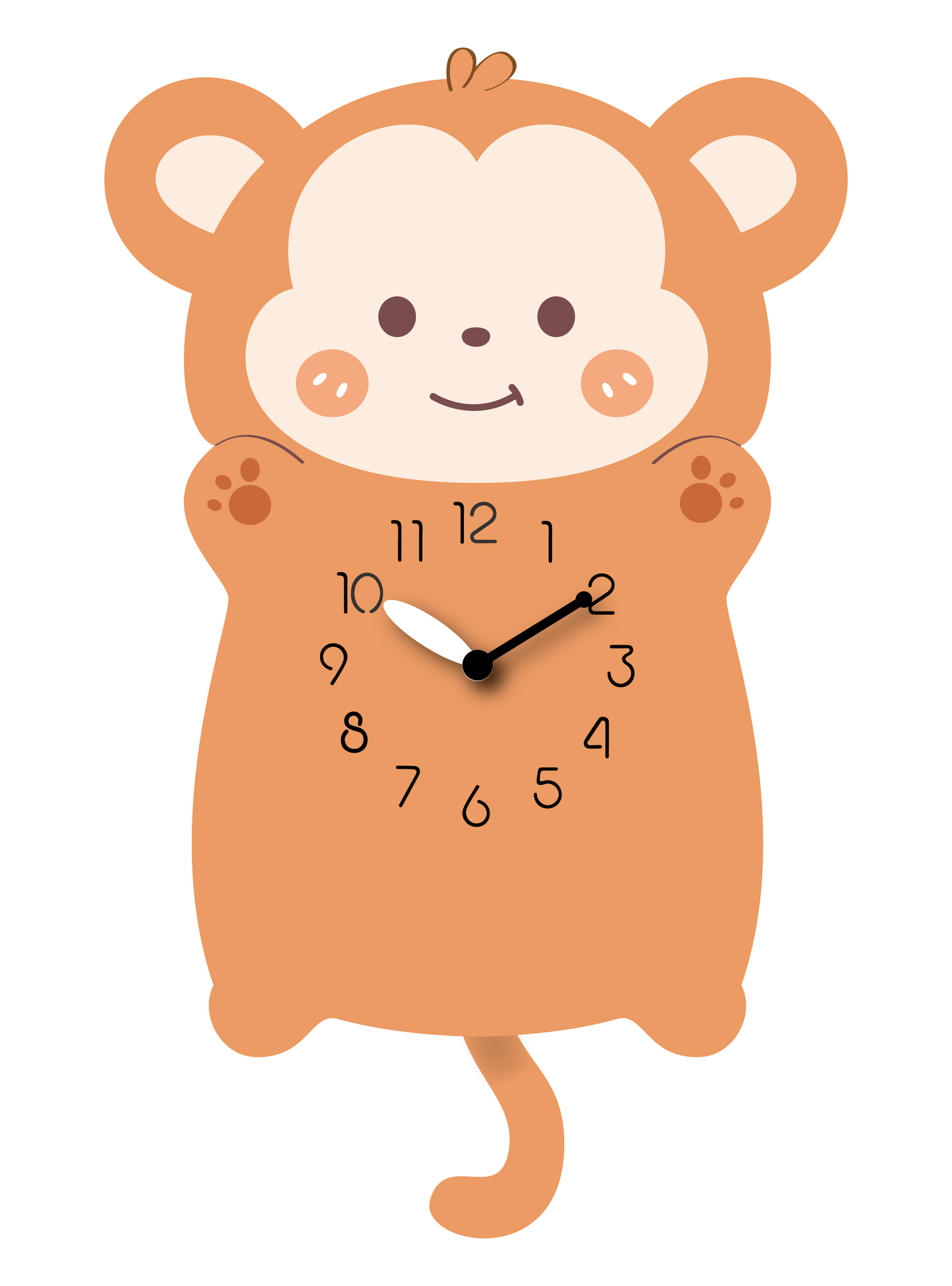 "Banana"- Adorable Little Monkey Shaped Pendulum Clock, Cartoon Style, Light Brown, MDF, 13.7'x8'x1.8', White Gift Box
