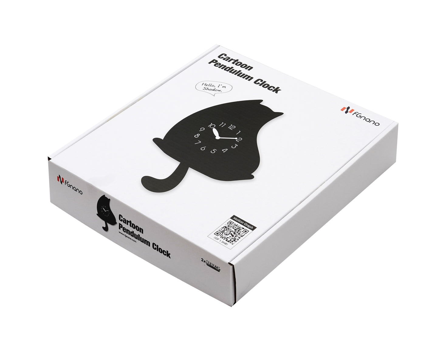 "Shadow" - Adorable Cartoon Style Cat Shaped Pendulum Wall Clock, Black, MDF, 13.4'x9.2'x1.8', White Gift Box