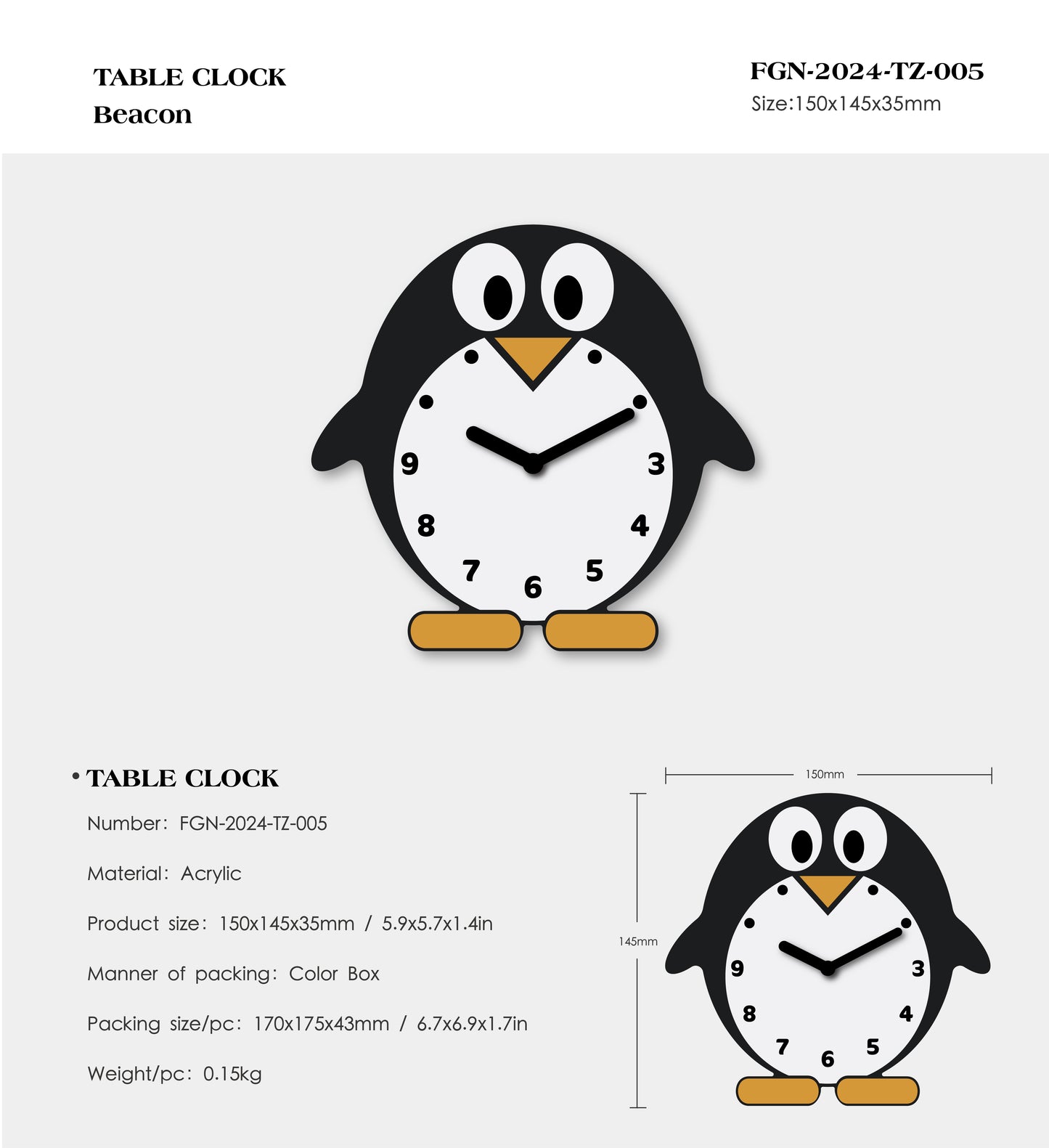 "Beacon" - Adorable Penguin Shaped Cartoon Table Clock, Acrylic, Black, White & Yellow, 5.9"x5.7"x1.4", w/White Gift Box