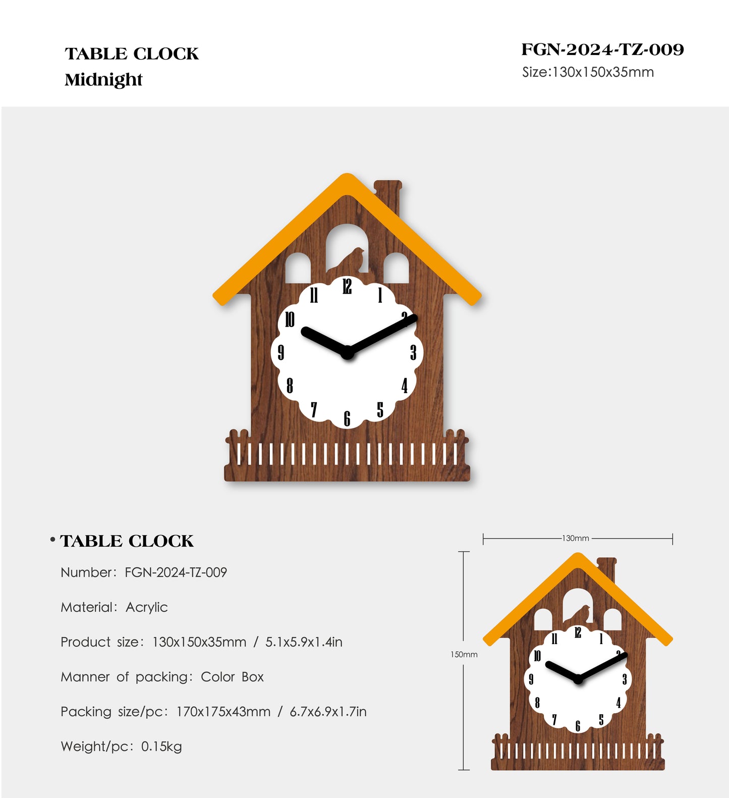 "Midnight" - Charming House Shaped Cartoon Clock, Brown, White and Orange, Acrylic, 5.9"x5.1"x1.4", w/White Gift Box