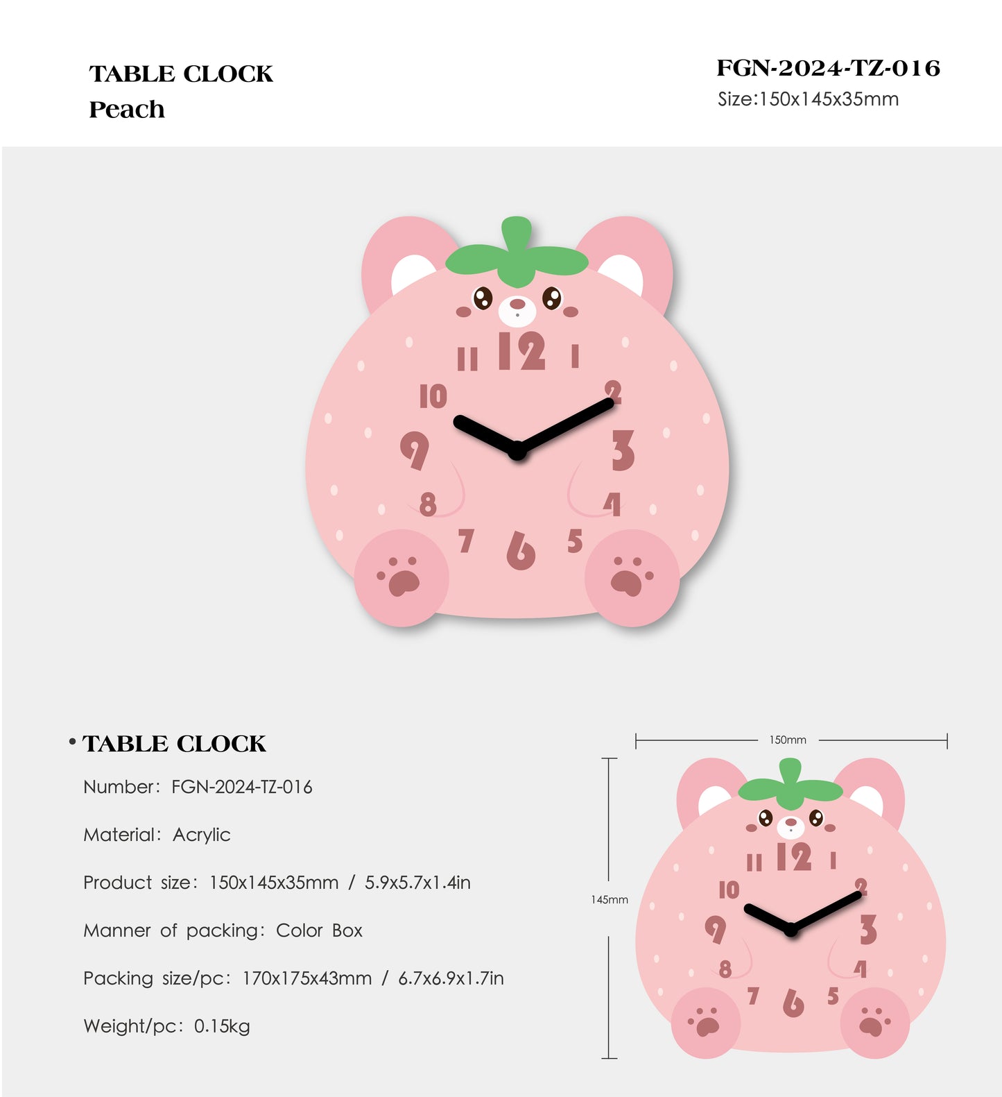 "Peach" - Adorable Piggy Shaped Cartoon Table Clock, Pink, Acrylic, 5.9"x5.7x'1.4", w/White Gift Box
