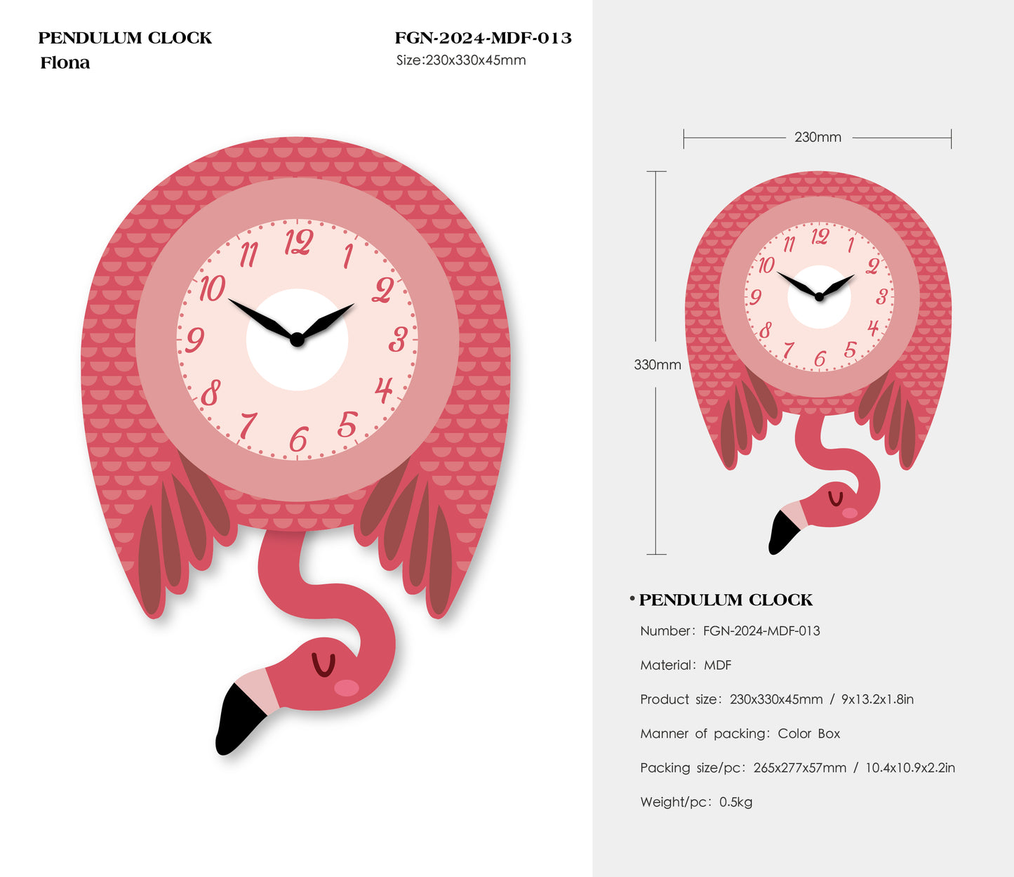 "Flona" - Charming Cartoon-Style Pink Flamingo Pendulum Wall Clock, MDF, Matt Finish, 13,2'x9'x1.8', White Gift Box