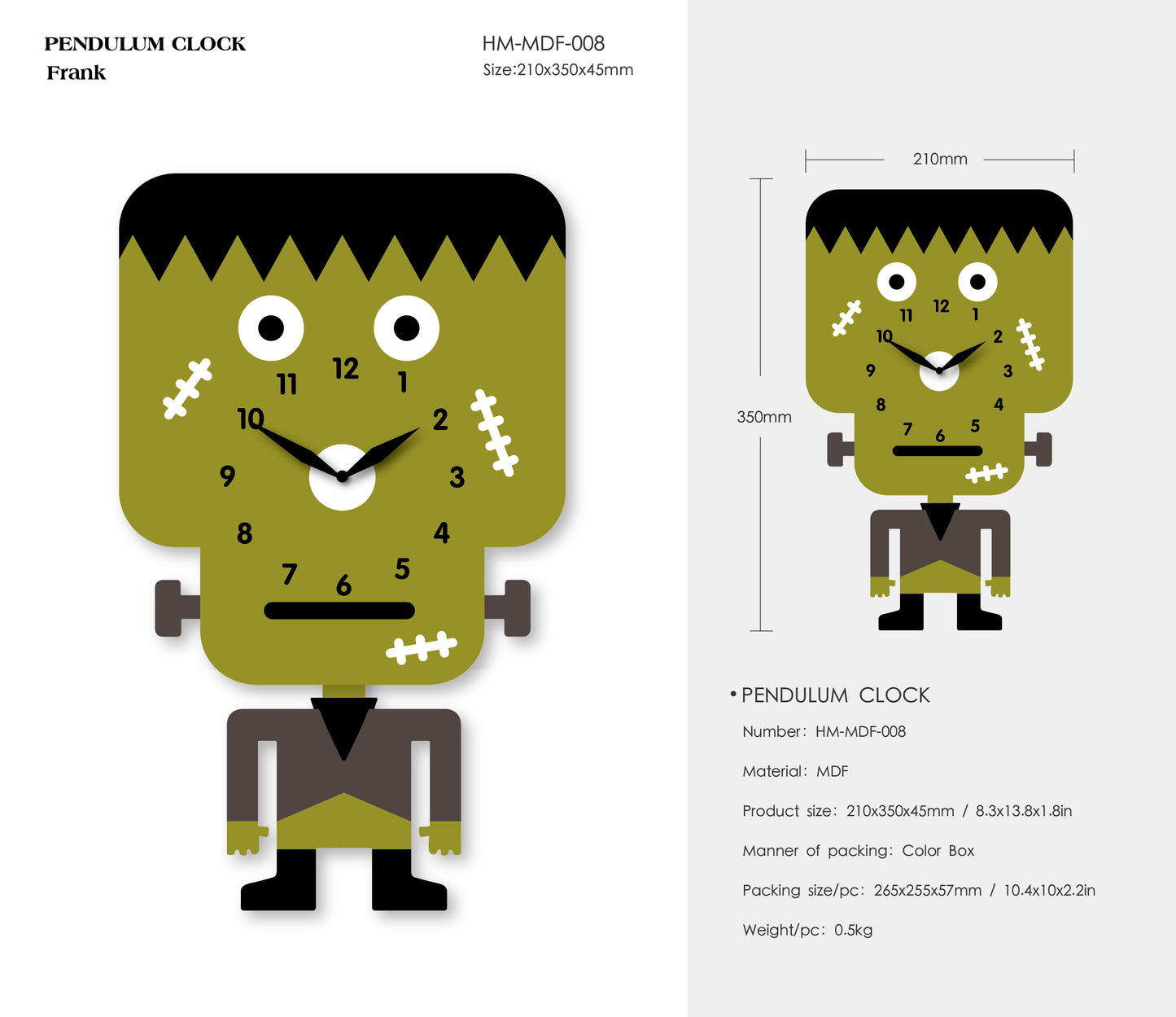 "Frank" - Cute Green Frankenstein Pendulum Wall Clock, Cartoon Style, MDF, Matt Finish, 13.8'x8.3'x1.8', White Gift Box