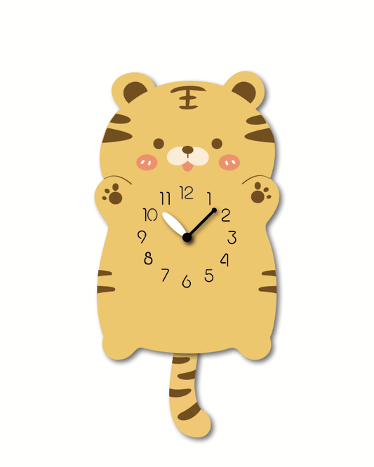 "Stripes" - Adorable Tiger-Shaped Pendulum Wall Clock, Cartoon Style, Earthy Orange, MDF, 13.6'x6.9'x1.8', Gift Box