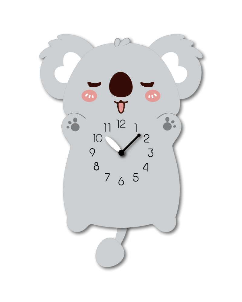 "Koalby" - Adorable Koala Shaped Pendulum Wall Clock, Cartoon Style, Warm Light-Grey, MDF, 9.4'x13.4'x1.8', Clock Box