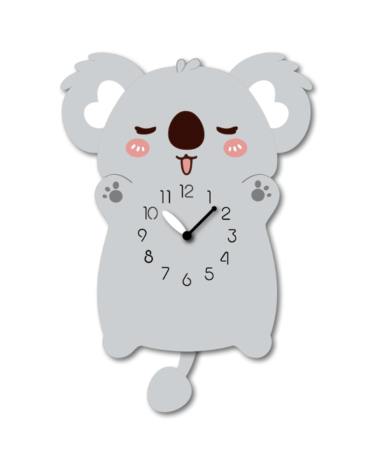"Koalby" - Adorable Koala Shaped Pendulum Wall Clock, Cartoon Style, Warm Light-Grey, MDF, 9.4'x13.4'x1.8', Clock Box