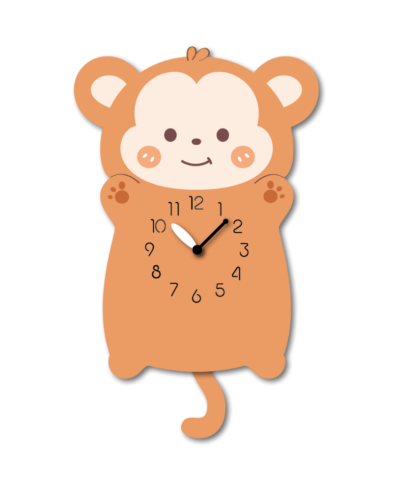 "Banana"- Adorable Little Monkey Shaped Pendulum Clock, Cartoon Style, Light Brown, MDF, 13.7'x8'x1.8', White Gift Box