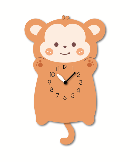 "Banana"- Adorable Little Monkey Shaped Pendulum Clock, Cartoon Style, Light Brown, MDF, 13.7'x8'x1.8', White Gift Box