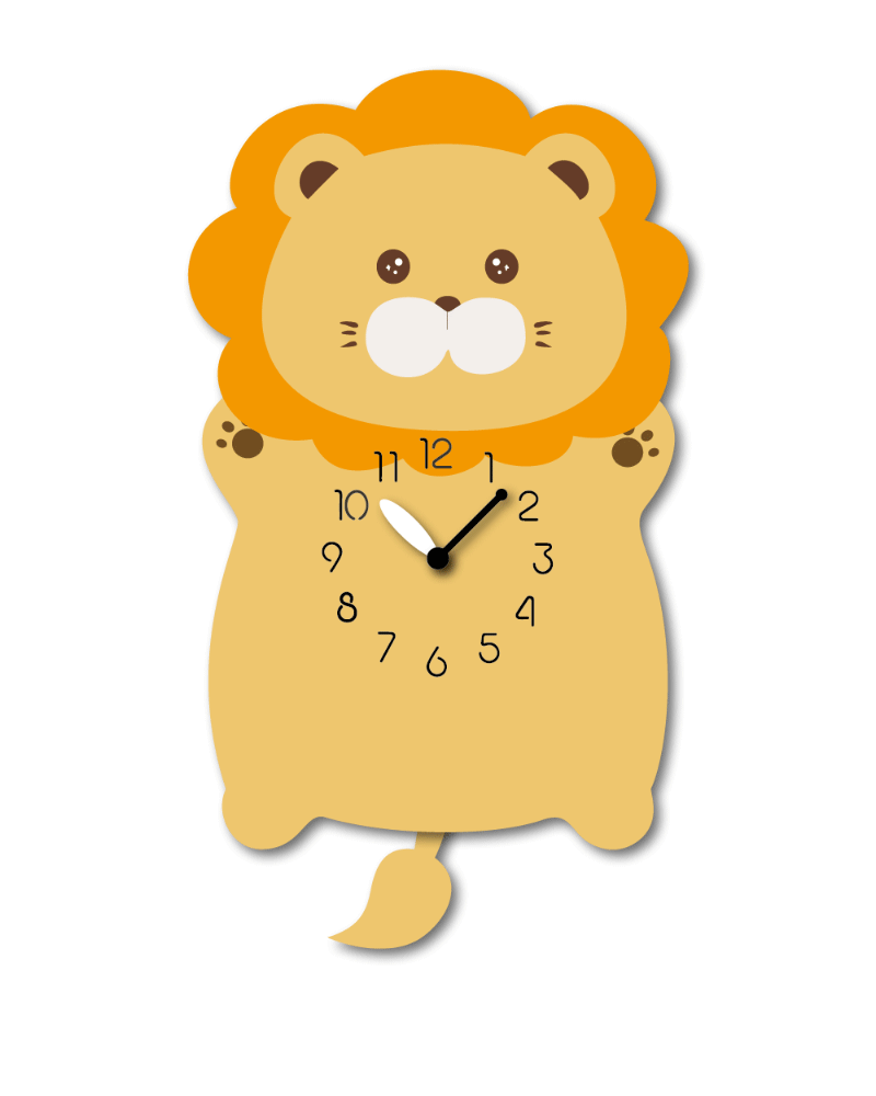 "Cubby" - Adorable Baby Lion Shaped Pendulum Wall Clock, Cartoon Style, Earth Tones, MDF, 13.8'x8'x1.8', Elegant White Gift Box