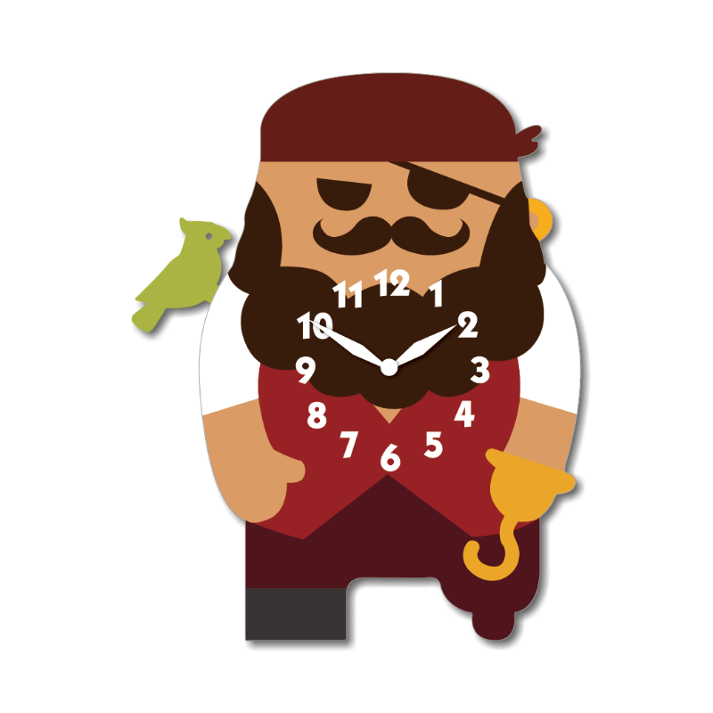 "Jack" - Cute & Playful Pilate Shaped Cartoon Style Pendulum Wall Clock, MDF, 11.6'x9'x1.8', Clock Gift Box