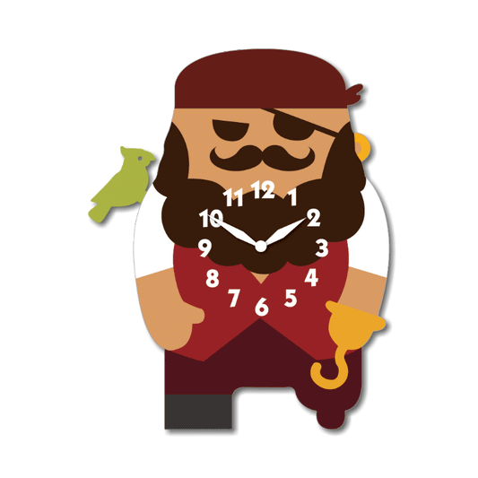 "Jack" - Cute & Playful Pilate Shaped Cartoon Style Pendulum Wall Clock, MDF, 11.6'x9'x1.8', Clock Gift Box