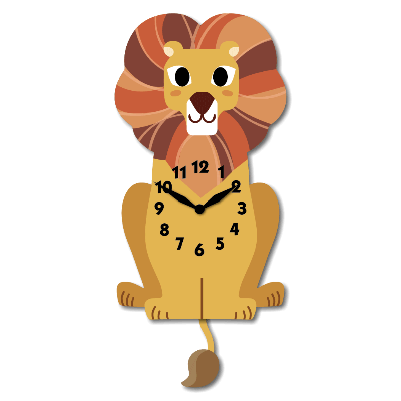 "Leo" - Adorable Lion Shaped Pendulum Wall Clock, Cartoon Style, Earthy Yellow with Colorful Rainbow Mix, MDF, 14'x6.2'x1.8', Color Box