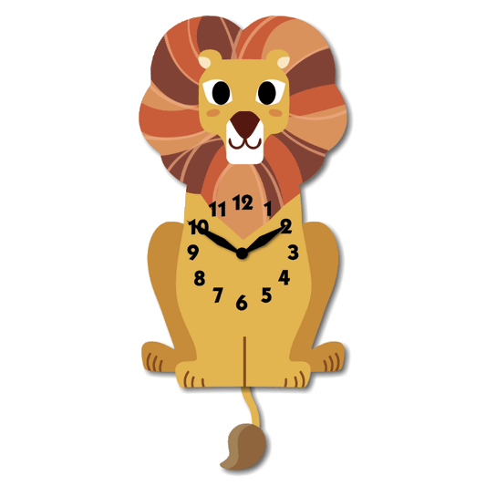 "Leo" - Adorable Lion Shaped Pendulum Wall Clock, Cartoon Style, Earthy Yellow with Colorful Rainbow Mix, MDF, 14'x6.2'x1.8', Color Box