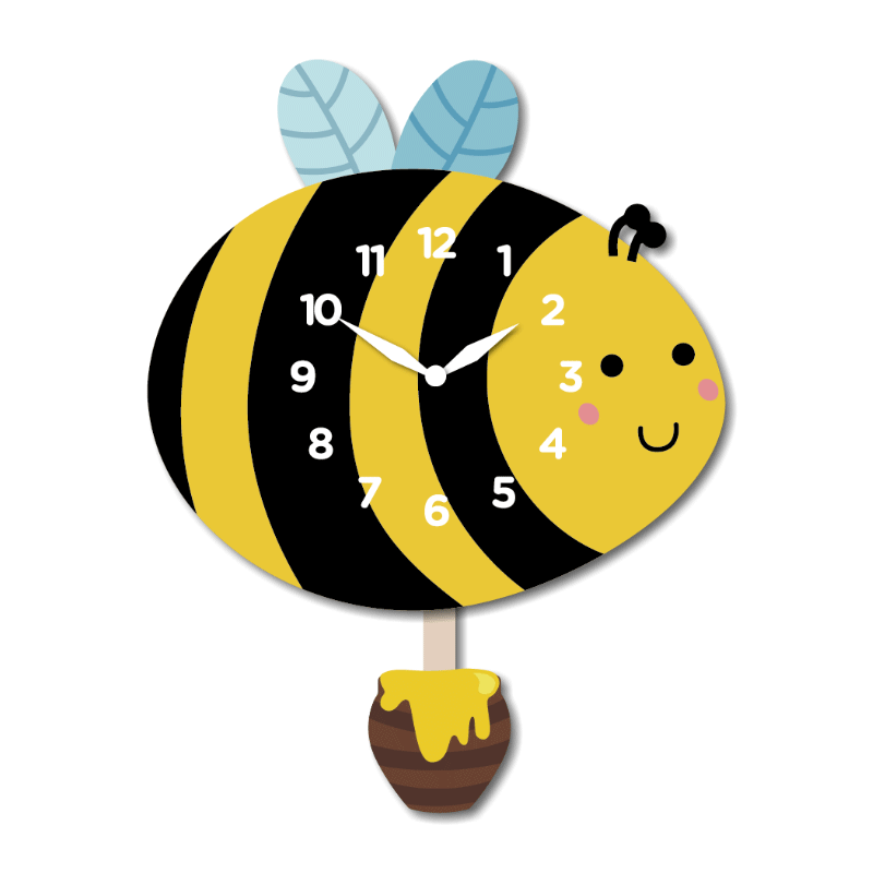 "Buzzberry" - Delightful Bumblebee Pendulum Wall Clock, Cartoon Style, Yellow/Black, MDF, Matt Finish, 9.6'x12.6'x1.8', White Gift Box