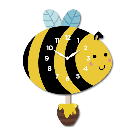 "Buzzberry" - Delightful Bumblebee Pendulum Wall Clock, Cartoon Style, Yellow/Black, MDF, Matt Finish, 9.6'x12.6'x1.8', White Gift Box